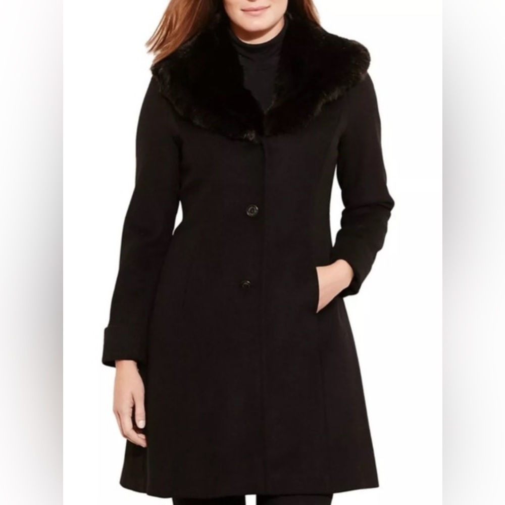 Black Faux Fur Collar Coat Ralph Lauren